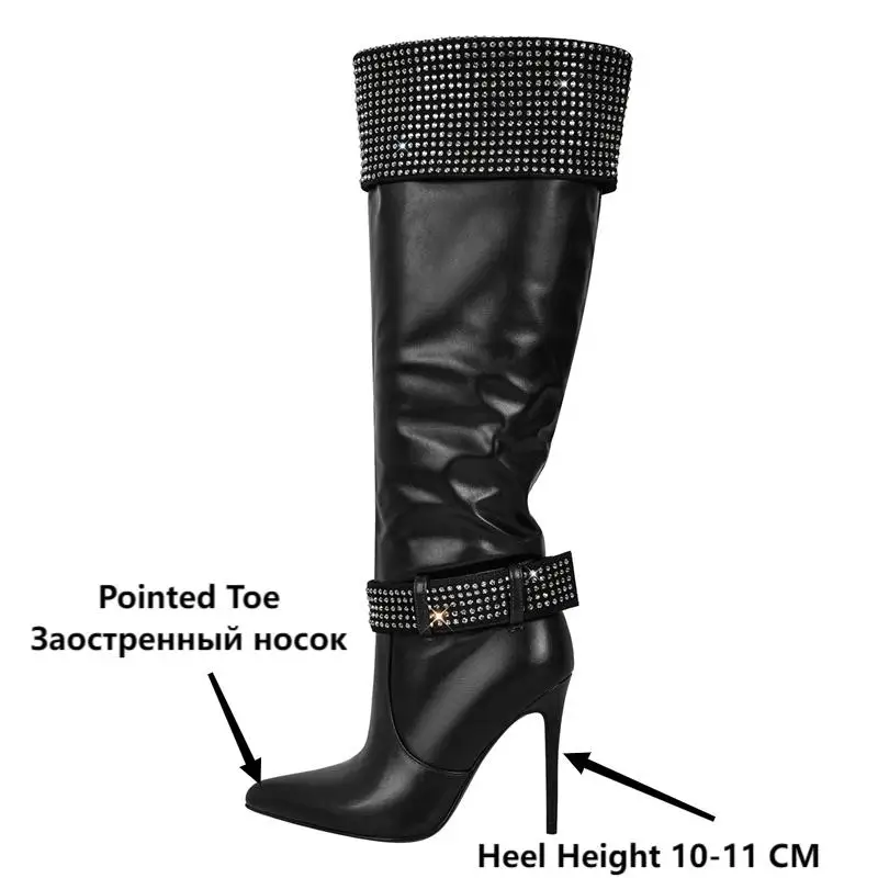 Onlymaker Women Pointed Toe White Matte Knee High Boots Stiletto Fashion Rhinestone Long Boots