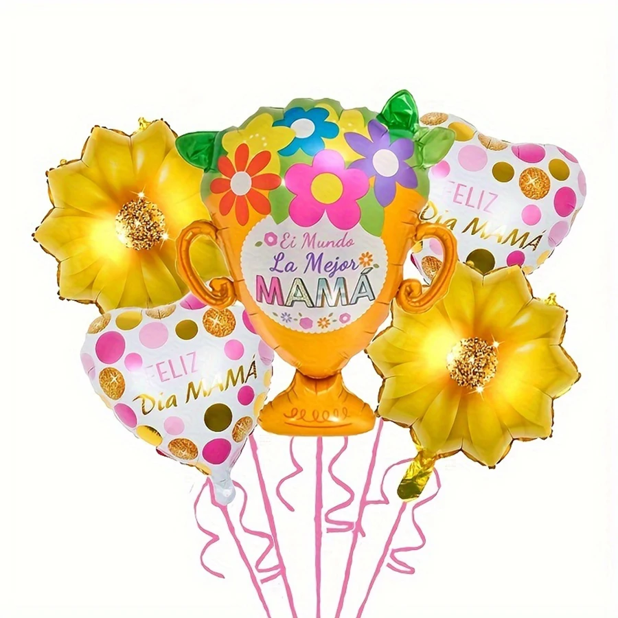 5pcs Mother\'s Day Decoration Balloon Set  Sunflower Flower Basket Trophy Balloons Home Decor