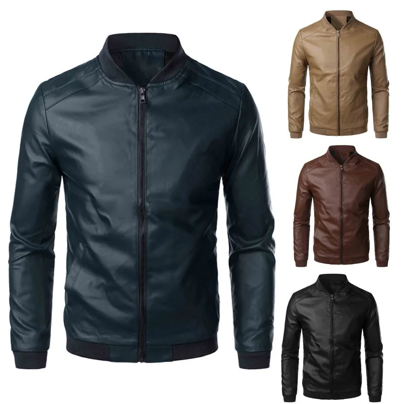 Leather Jacket for Men in Spring and Autumn, Popular Fashion Trend Motorcycle, Version Slim Fit PU Leather Stand Collar Jacket