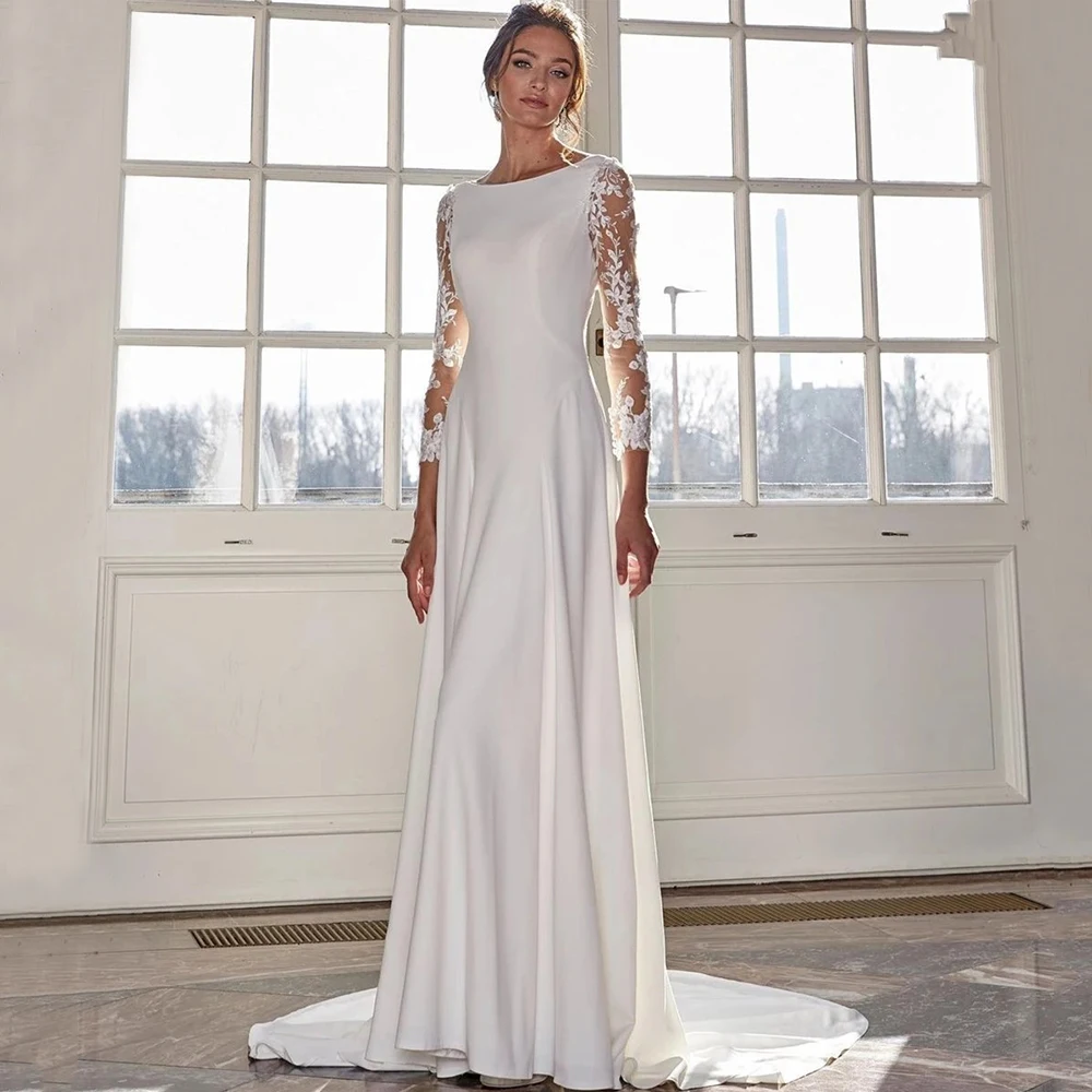 

Classic Floor Length Wedding Dress Scoop Neck Applique Illusion Three Quarter Sleeve Bride A-Line Sweep Train Gown Customized