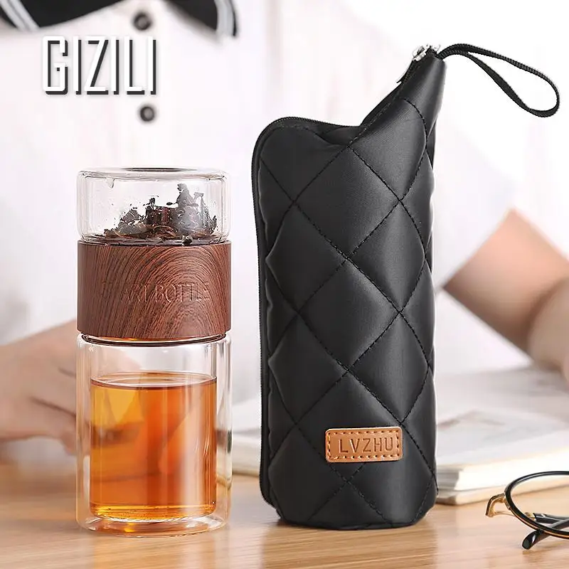 Glass Water Bottle with Tea Infuser Filter Tea Separation Double Wall Glass Bottle Bag Leakproof Water Bottle Travel Drinkware