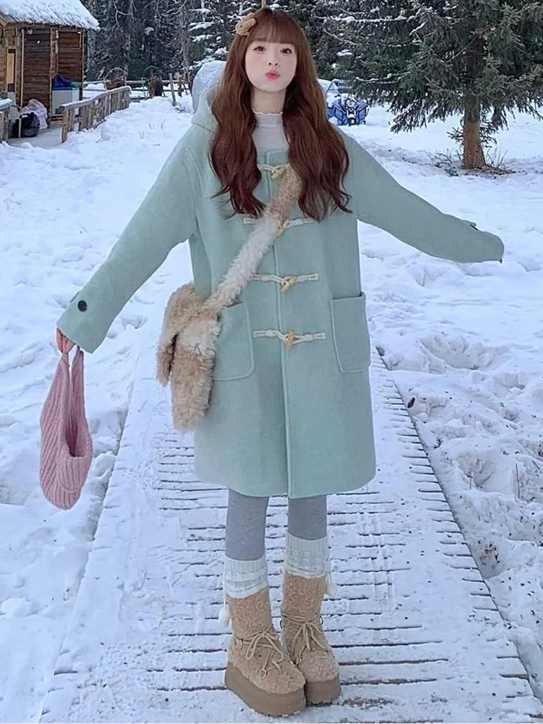 

Зимнее пальто большого размера мятного цвета из шерсти с пуговицами, утепленное, с длинными рукавами, повседневное, в милом стиле