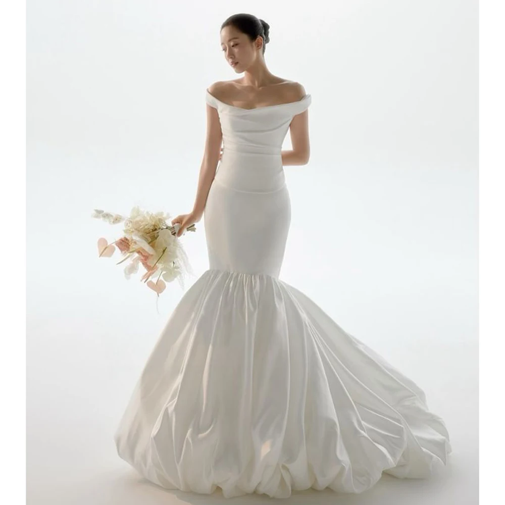 فستان زفاف حورية البحر من الساتان الأبيض للنساء بدون أكتاف فستان زفاف مكشكش فستان عروس رسمي أنيق للحفلات المسائية