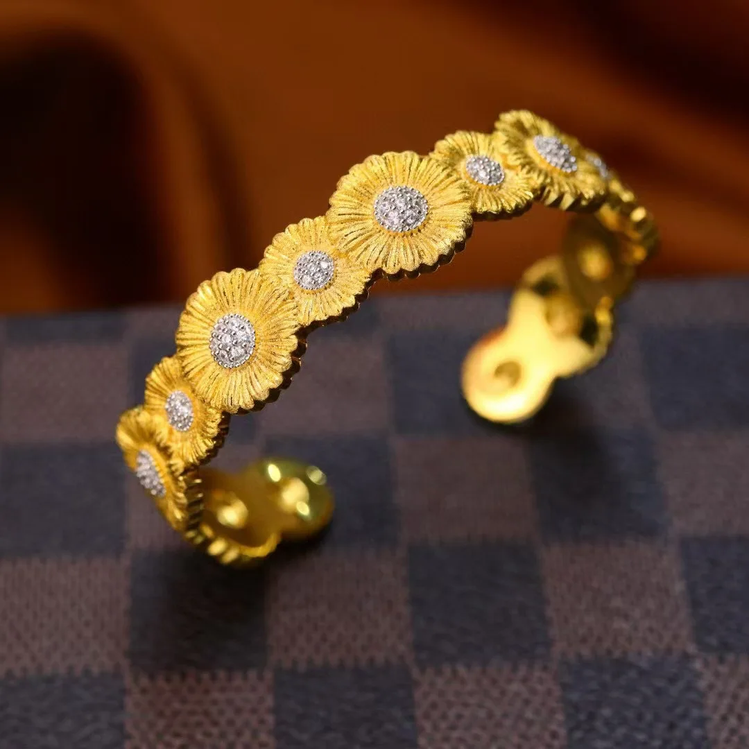 Italian Handmade Brushed Wide Version Two Tone Gold Daisy Bracelet 925 Silver Vintage Classic Diamond Studded Bracelet For Women
