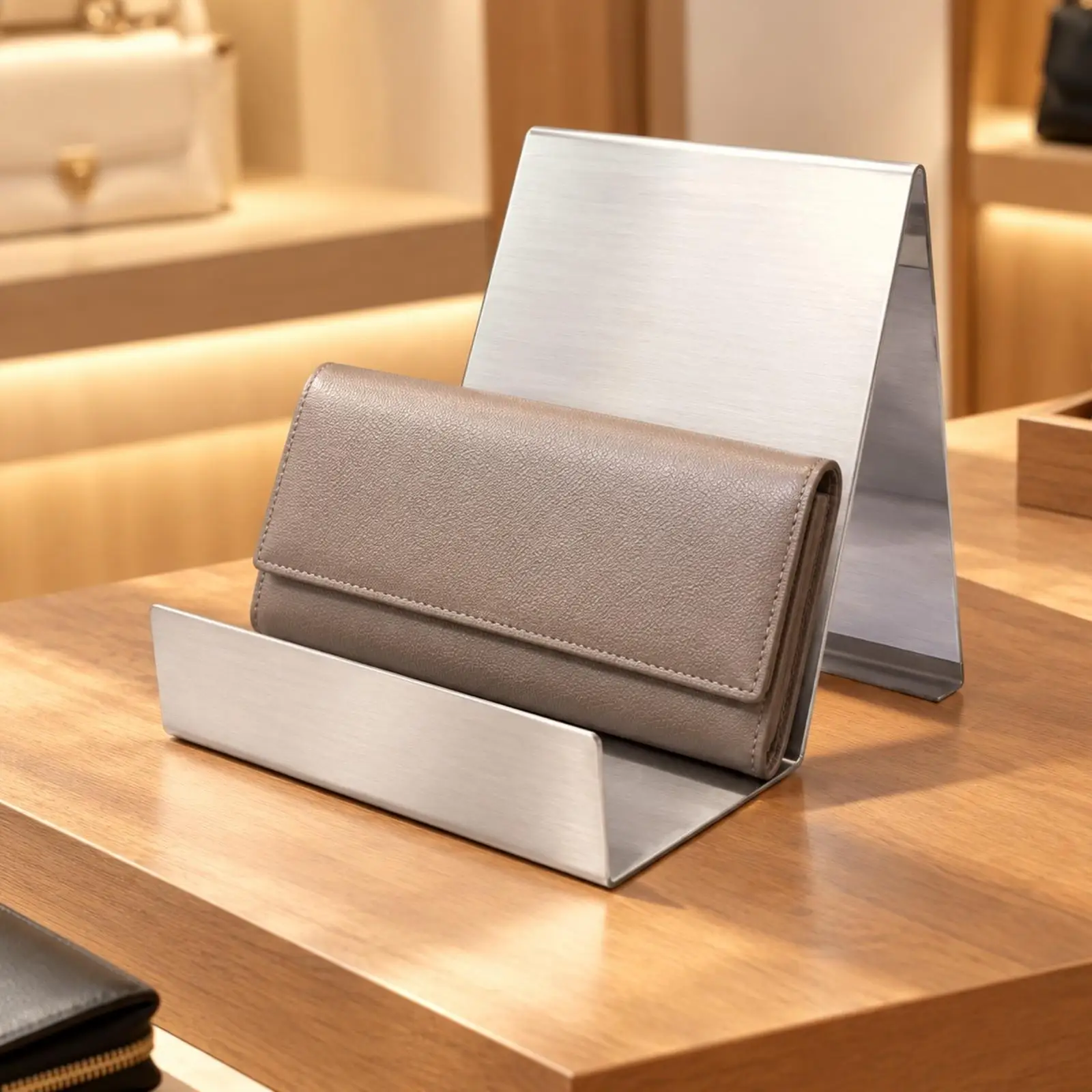 Stainless Steel Wallet Display Stand Space-Efficient Wallet Display Stand with Angled Back Panel Heavy-Duty Multifunctional