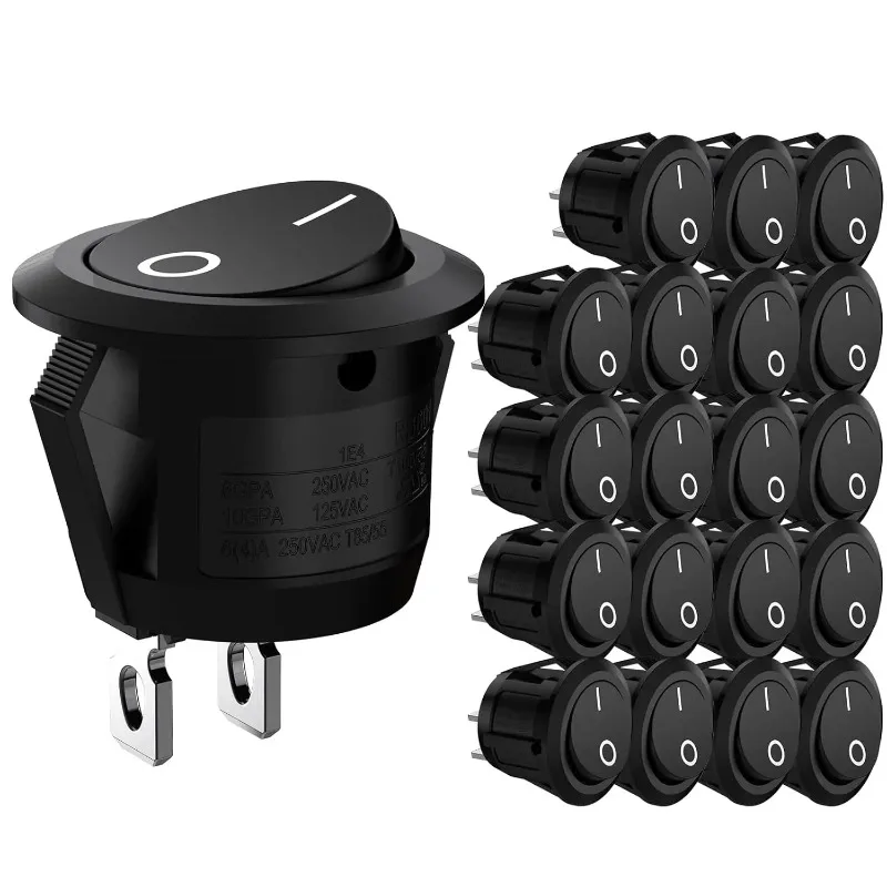 20個/10個入り ブラックロッカースイッチ 2ピン ミニ丸型トグル 3A 250V 6A 125V 15MM サークル オンオフ ロッカースイッチ RV車 トラック ボート用