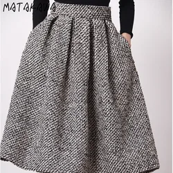 Matakawa Woolen Faldas Mujer Plaid Vintage Thick Autumn Winter Korean Fashion Women Skirts High Waist A-line Retro Long Skirt