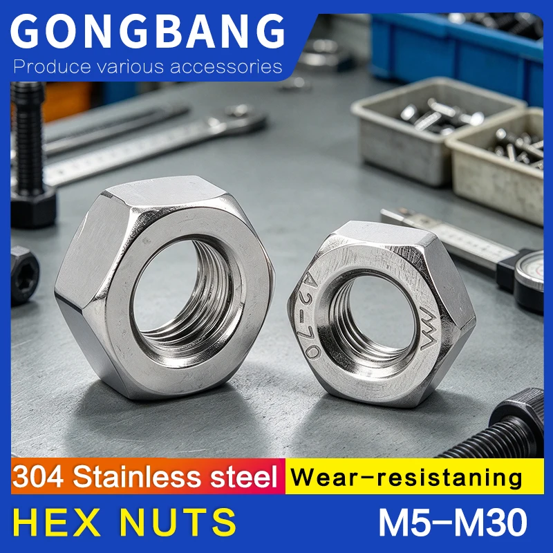 304 Stainless steel Hexagon Hex Nuts Metric M5 M6 M8 M10 M12 M14 M16 M18 M20 DIN934 M22 M24 M30 Steel Stainless Steel Hex Nuts