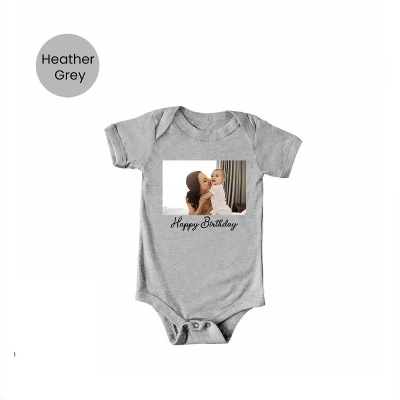 Custom Photo Baby Bodysuit with Happy Birthday Text, Personalized Picture Onesie for 1st Birthday Photoshoot,Soft Cotton Romper 4