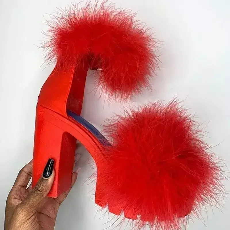 Woman Furry Sandals High Heels with Fur Female Platform Pumps Women Ankle Strap Women\'s Wedge Shoes 2022 Summer