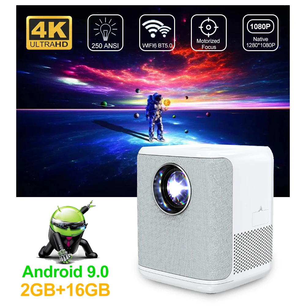 

250ANSI Android 9.0 Projector 4K 1280*1080P Wifi6 ARM Cortex-A53 2+16G Fast Motorized Focus BT5.0 Home Cinema Portable Projetors