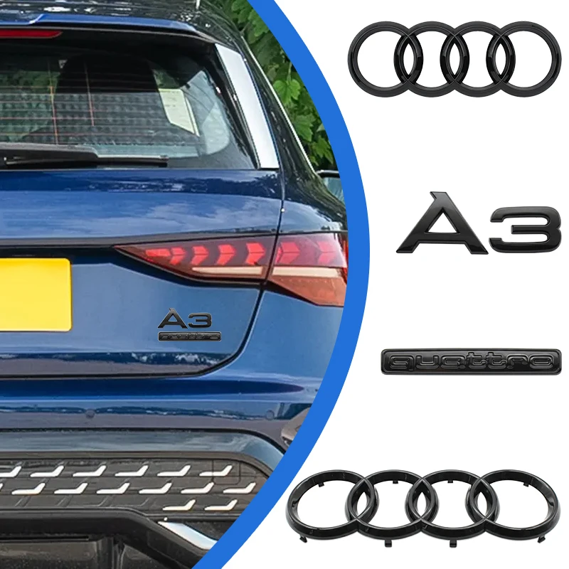 Emblemat Audi A3 2003-2020 4 Ring Logo ABS Samochodowy 273mm na maskę, przedni grill 192mm na tylną klapę, naklejka Quarrto, akcesoria samochodowe.