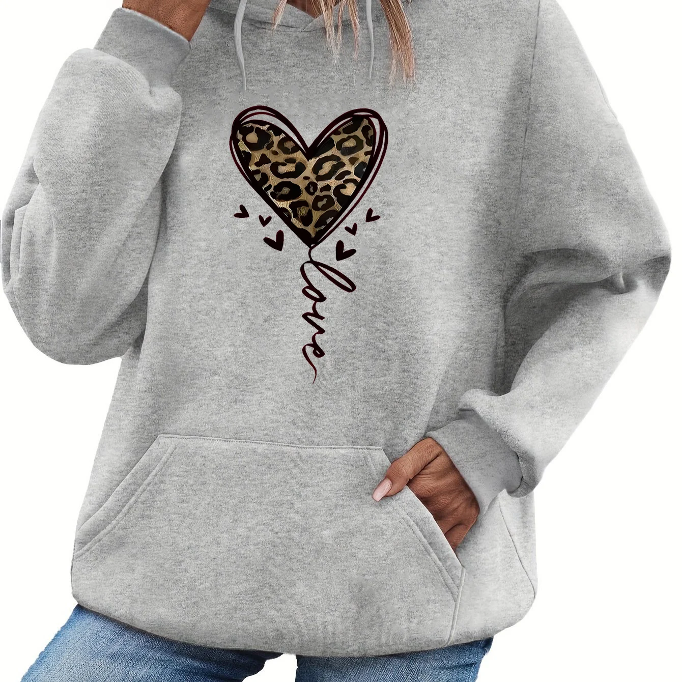 

Женская осенне-зимняя теплая и свободная повседневная бархатная толстовка с капюшоном и длинными рукавами с леопардовым принтом и принтом в форме сердца