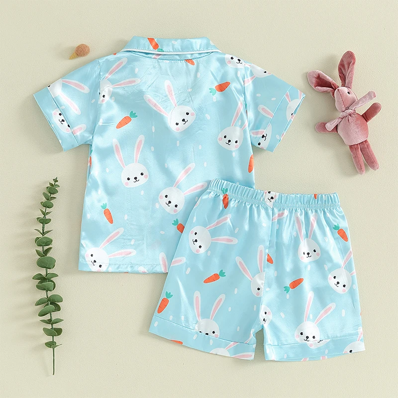 Children s Easter Pajama Set with Adorable Bunny Design Short Sleeve Button-Up Shirt and Elastic Waist Shorts for Comfortable