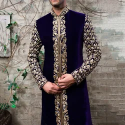 Manteau musulman à motif doré pour hommes, col montant, forme du corps, américains islamique, abaya arabe, style national, nouveau