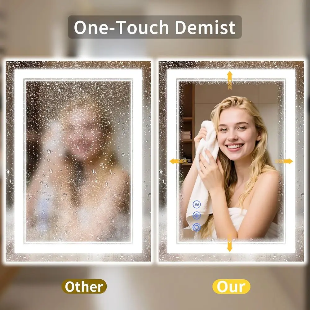 Espelho de vaidade LED iluminado 24x36 com antiembaçante, retroiluminado e frontal, regulável, vidro temperado, 3 opções de cores