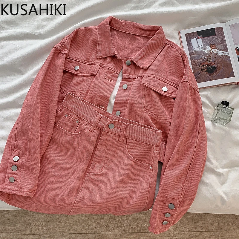 KUSAHIKI Fashion Solid Denim Long Sleeve Short Coat 2023 Autumn New Korean Women's High Waist Mini Skirt Two Pieces Jeans Sets