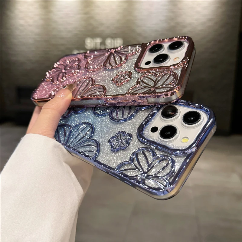 For iPhone 15 Pro Max Luxury Flash Glitter Flowers Plating Frame Phone Case For iPhone 11 12 13 14 15 16 17 Air Protective Cover - náhled 2