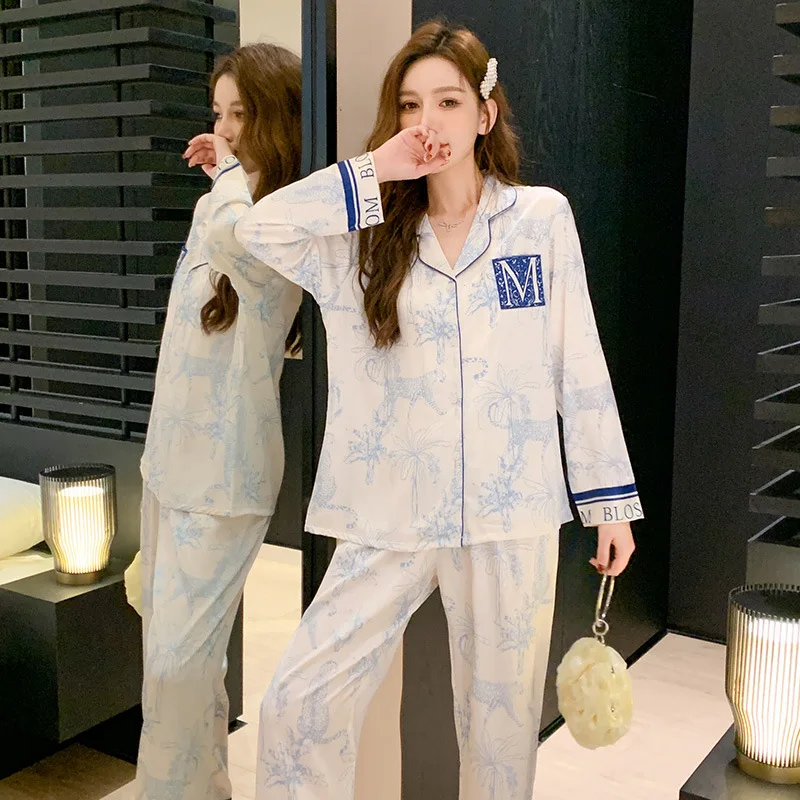 

Ice Silk Pajamas Suit for Lady Print Animal Flower Shirt&pants Nightwear Women Long Sleeve Shirt&pants Loungewear Pyjamas