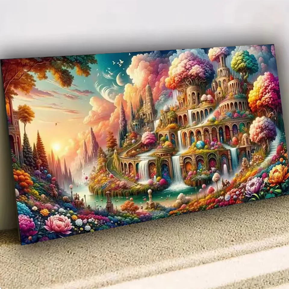 Diy Diamond Painting Large Size Surrealistic Beautiful Tiered Gardens Waterfalls Flowers Arches Full Mosaic Embroidery home Gift