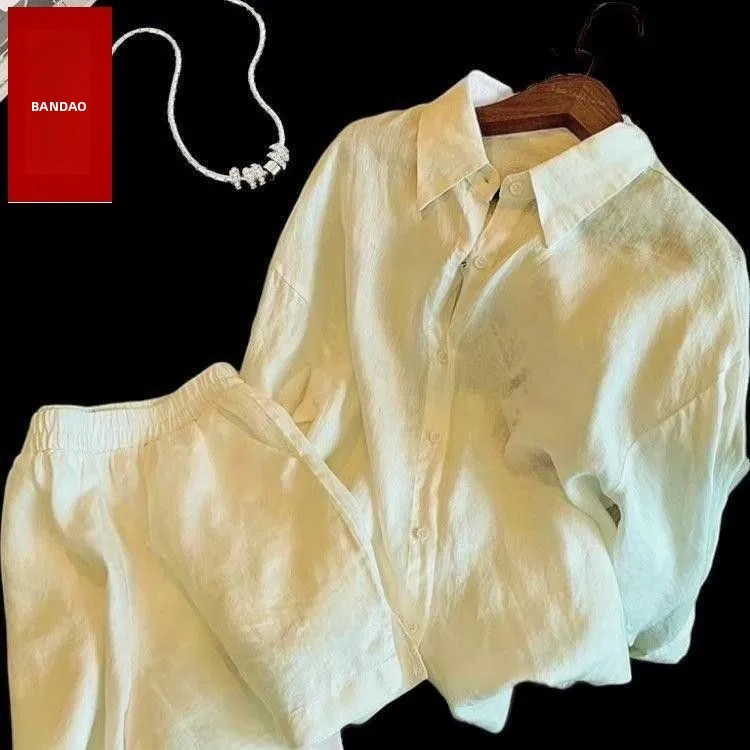Summer Men's Linen Rayon Short Sleeve Shirt Set Casual Loose Breathable Cool Feeling Two Piece Set Shorts Simple