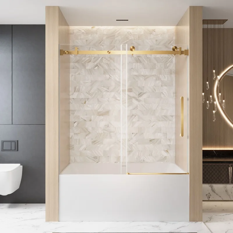 

Frameless Sliding Shower Door 56-60" W x 60" H, 6mm Clear Tempered Glass, Explosion Proof Film, Brushed Gold Stainless Steel Handle, Square Tube Track