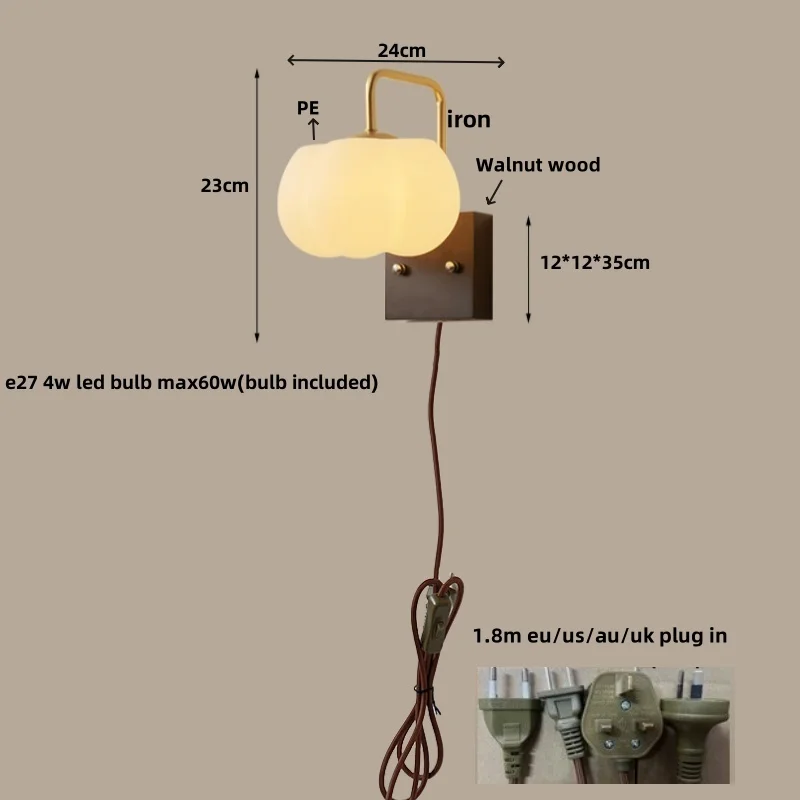 IWHD PE Plug In LED Wall Lamps Home Decor Restaurant Hotel Coffee Nordic Vanity Light Fixture Walnut Wood Comtemporary Luminaire