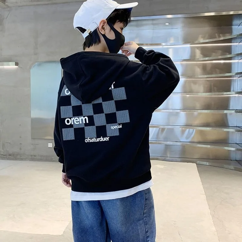 

2025 New Boys' Mid-Big Size Trendy Fleece-Lined Thickened Hoodie - Spring/Autumn & Winter Top