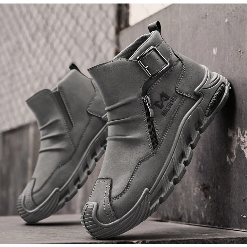 

Four-season Men's Versatile Retro Round-toed Flat-heeled Wear-resistant Anti-slip Large-sized Mid-class Zipper Work Boots