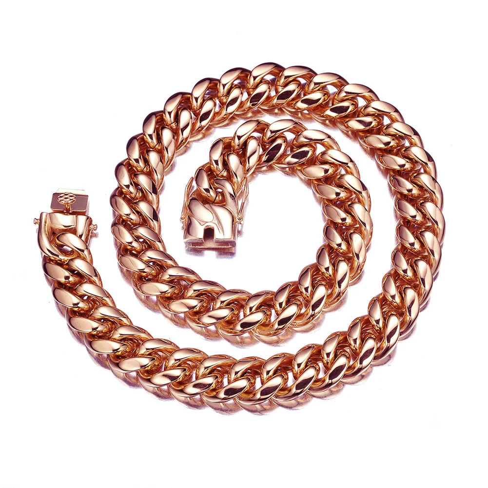 14mm rose gold Cuban necklace titanium steel stainless steel encrypted chain men's jewelry hip-hop necklace collarbone chain