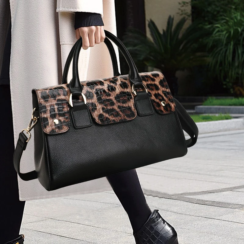 Aidrani    New Women's Handbag Made of High Quality Cowhide, Luxury Leopard Pattern Design, Large Capacity Portable Briefcase