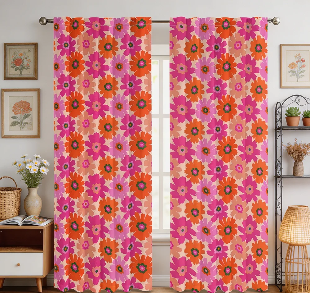 Home Decor Curtain - 2枚組デジタルプリントカーテン、ローズピンクデイジーデザイン、スタイリッシュな窓用ドレープ、リビングルーム、寝室、家の装飾に
