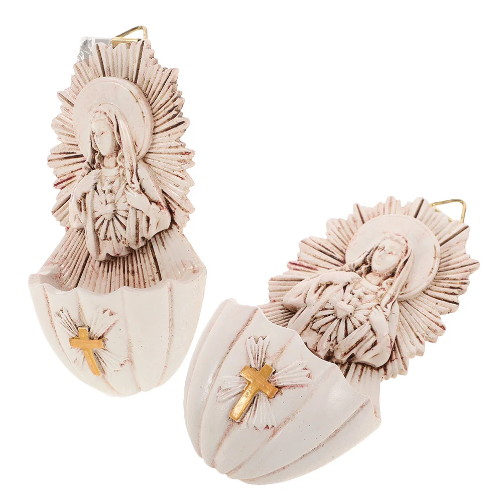 

2Pcs Holy Water Font Resin Catholic Wall Hanging Decor Stylish Storage Holder Sacred Religious Room Decoration