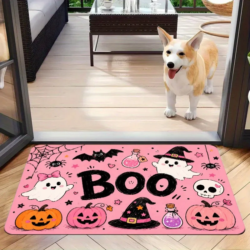 Cute Pink Halloween Decorative Floor Mat Boo Ghost Pumpkin Witch Hat Bat Print for Home Entryway Indoor Holiday Party Decor