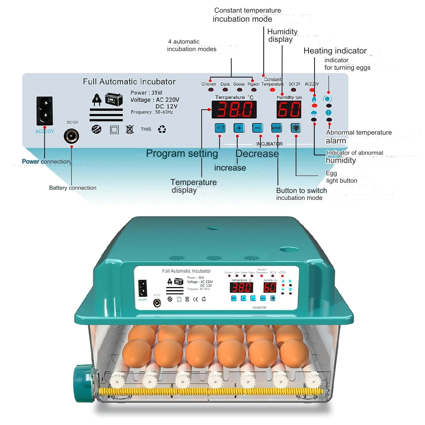 Incubator for16-36 Eggs, Incubator with Automatic Egg Rotation, Humidity Display and Automatic Water Addition