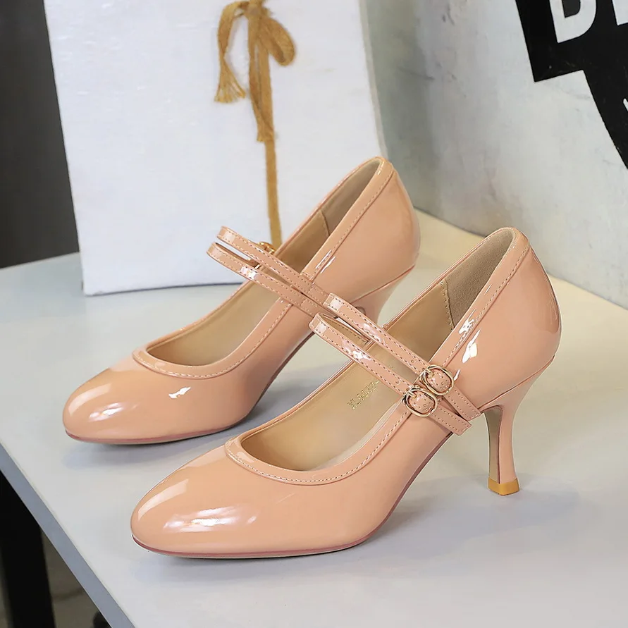 BIGTREE Shoes Women Pumps Double Buckle Kitten High Heels Patent Leather Mary Jane Shoes Round Head Women Heels 7 CM Stiletto