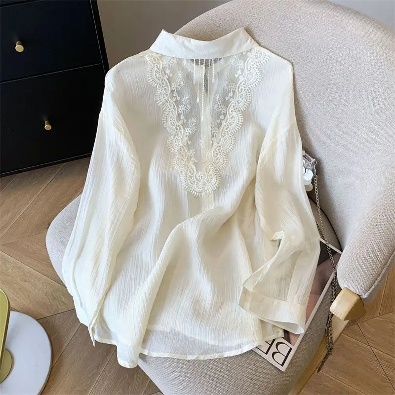 

Lace Hollowed Out Women's Shirt Thin Long Sleeve Front Opening Sunscreen Blouse Loose Collar Summer Woman Top