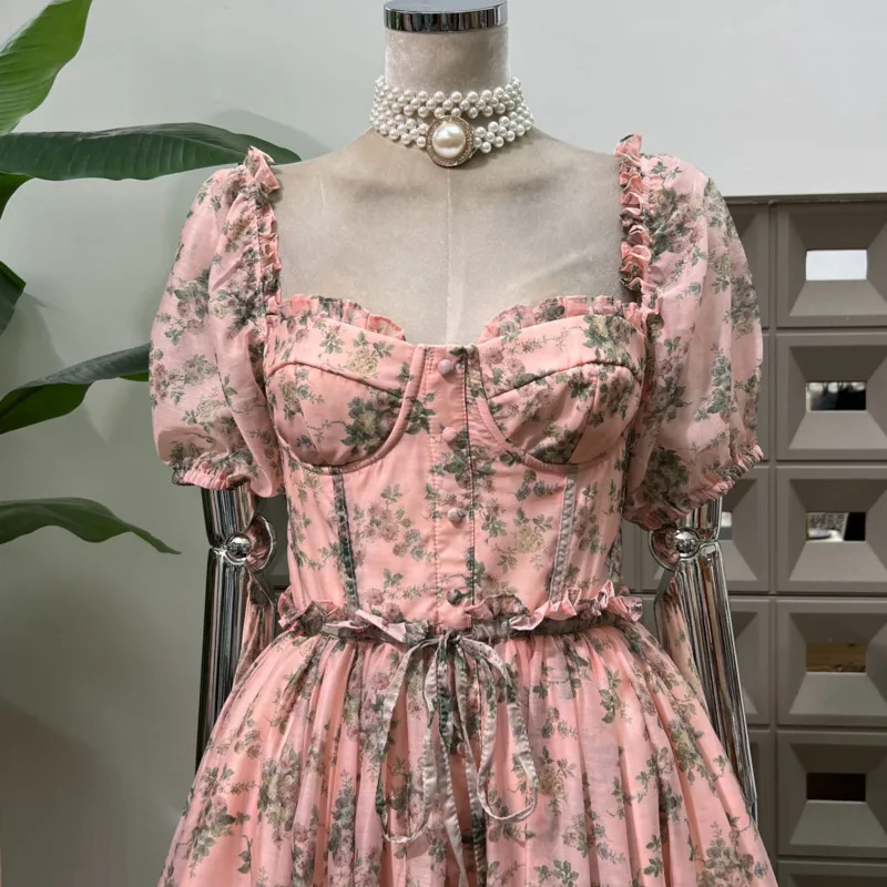 DFDG 2025 femmes Vintage Boho imprimé fleuri bouton avant Maxi robe bouffante manches courtes soyeux TouchSpring été décontracté fête