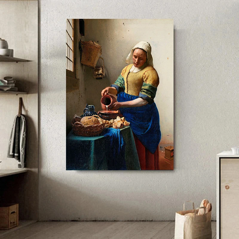 Johannes Vermeer Classic Artwork Famous Painting Canvas Poster Print The Milkmaid Girl with A Pearl Earring Mural for Home Decor