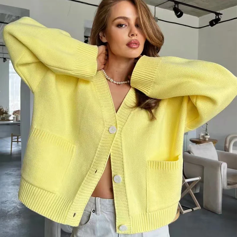 

All-Match Solid Single Breasted Cardigan for Women Spring Autumn Loose V-Neck Sweater Woman Soft Pockets Long Sleeve Coat Female