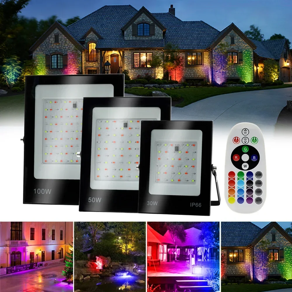 

New Outdoor Park Courtyard Landscape Colorful RGB Floodlight with Remote Control 30W 50W 100W 200W Color Changing LED Floodlight