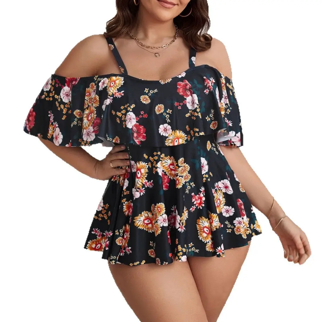 طباعة كشكش حجم كبير ملابس النساء Tankini المايوه ملابس السباحة الكبيرة السمين متعرج ملابس بحر سيدة ثوب السباحة 5XL #6