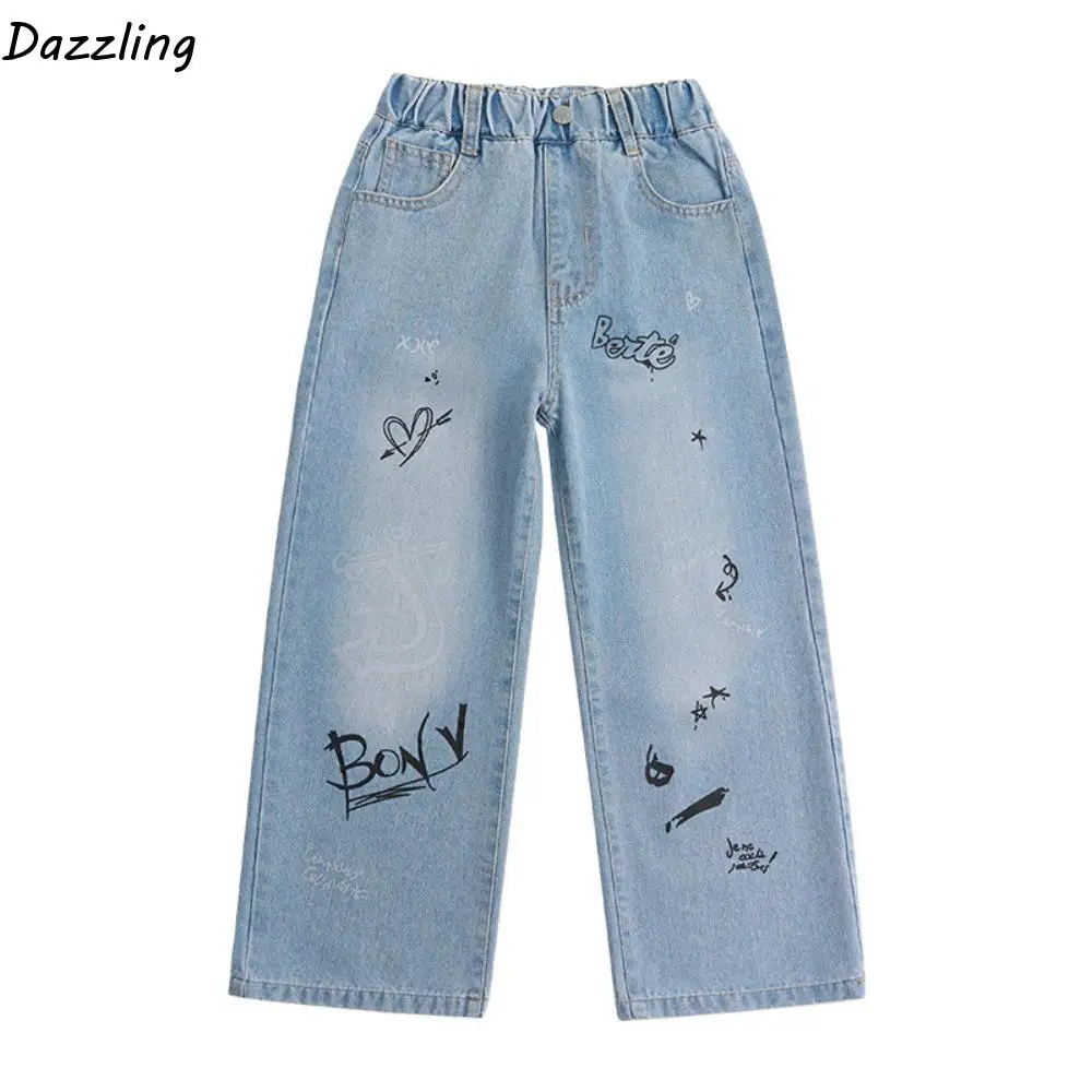 

English Letter Children Jeans Straight Graffiti Blue Teen Girl Jeans Teenagers Adolescent Korean Style Girls Denim Trousers
