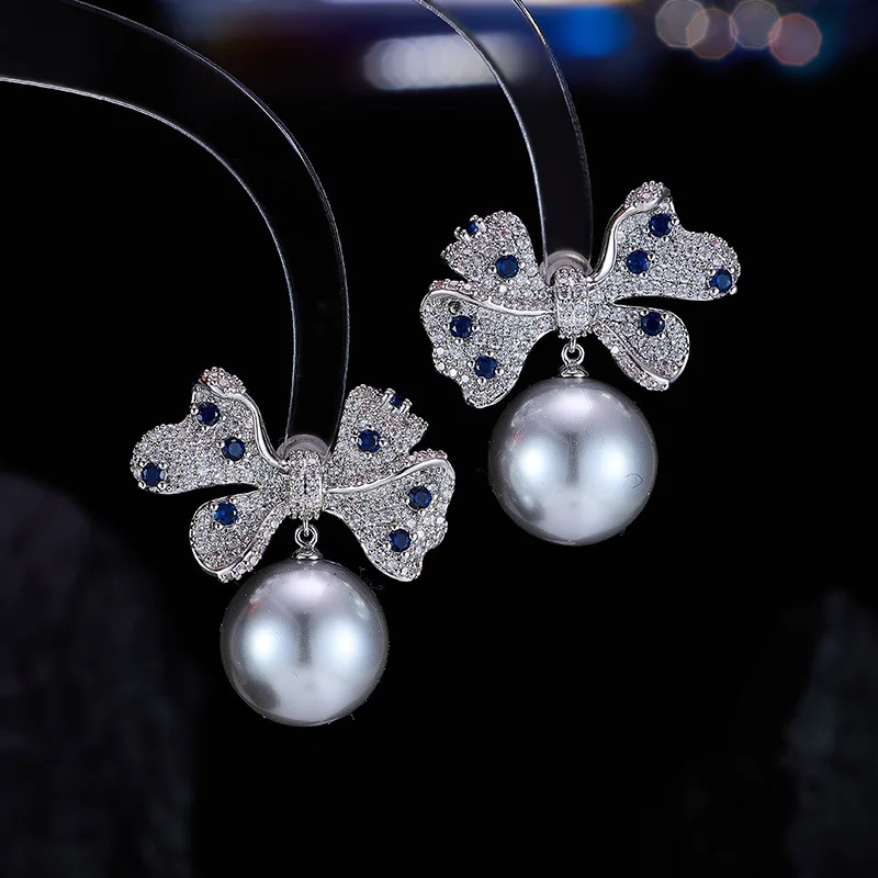 

Women's Micro Inlaid Zircon Bow Pearl Earrings Light Luxury S925 Silver Needle Jewelry LYD061