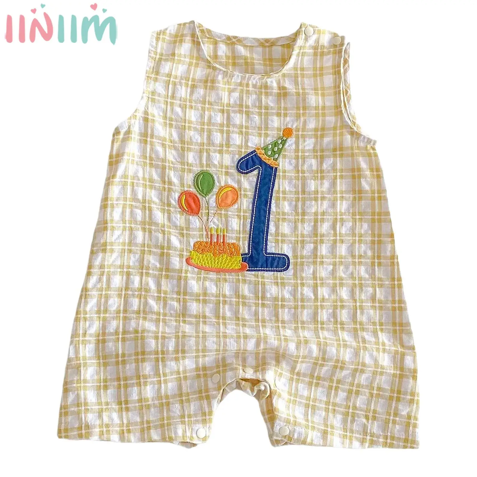 

Baby Boys Girls 1st Birthday Romper Summer Casual Sleeveless Plaid Jumpsuit for Cake Smash Party Photography Holiday Loungewear