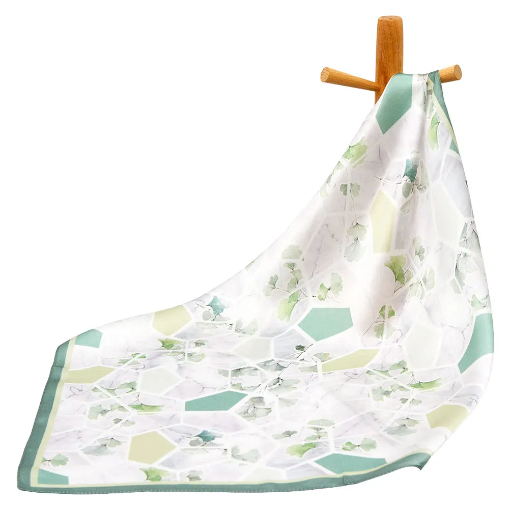 

53cm 100% Natural Pure Silk Scarf Women Ginkgo Geometry Square Shawl Lady Bandana Mosaic Print Soft Handkerchief Hairscarf Gift