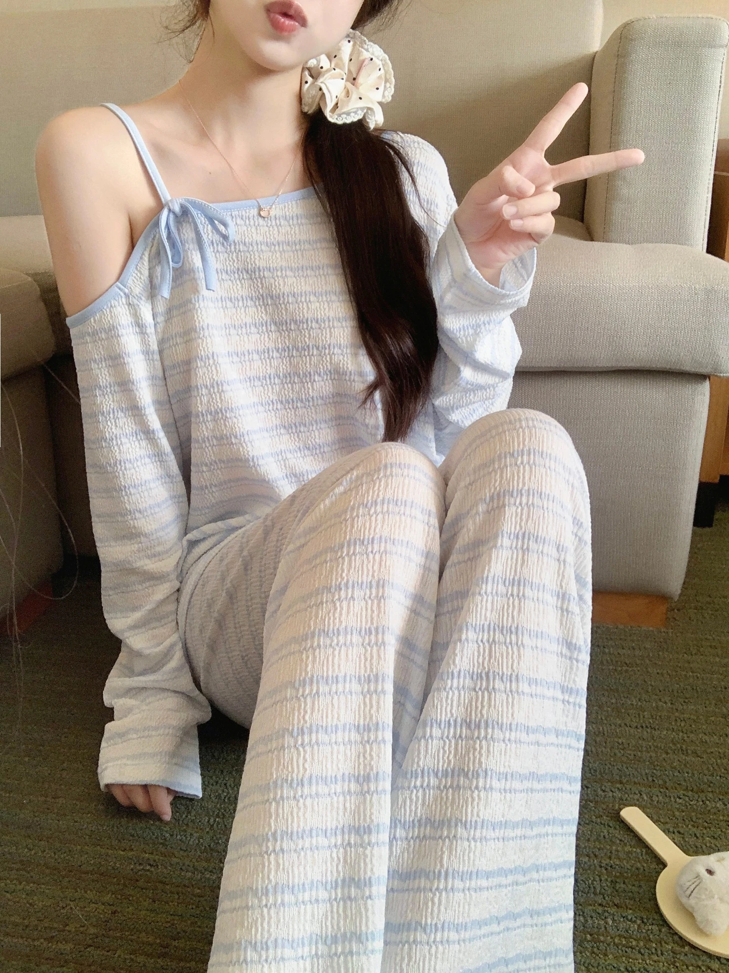 

Комплекты пижам женские темно-синие осенние вязаные с забавным дизайном, с принтом «Полнолуние», эластичные, с V-образным вырезом, рукавом три четверти, полный комплект