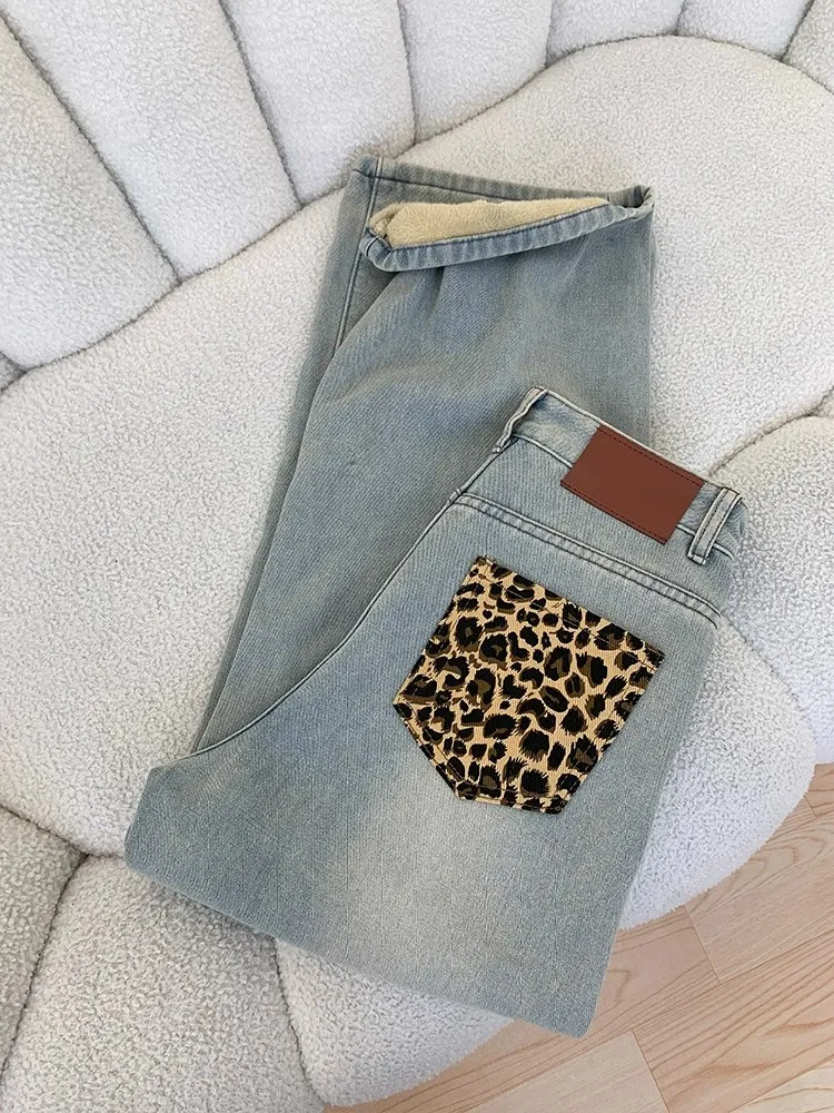 Fashion Leopard Print Pocket Design Thicken Jeans 2025 Autumn Winter Women's High Waist Straight Pants Trend Lady Denim Trousers