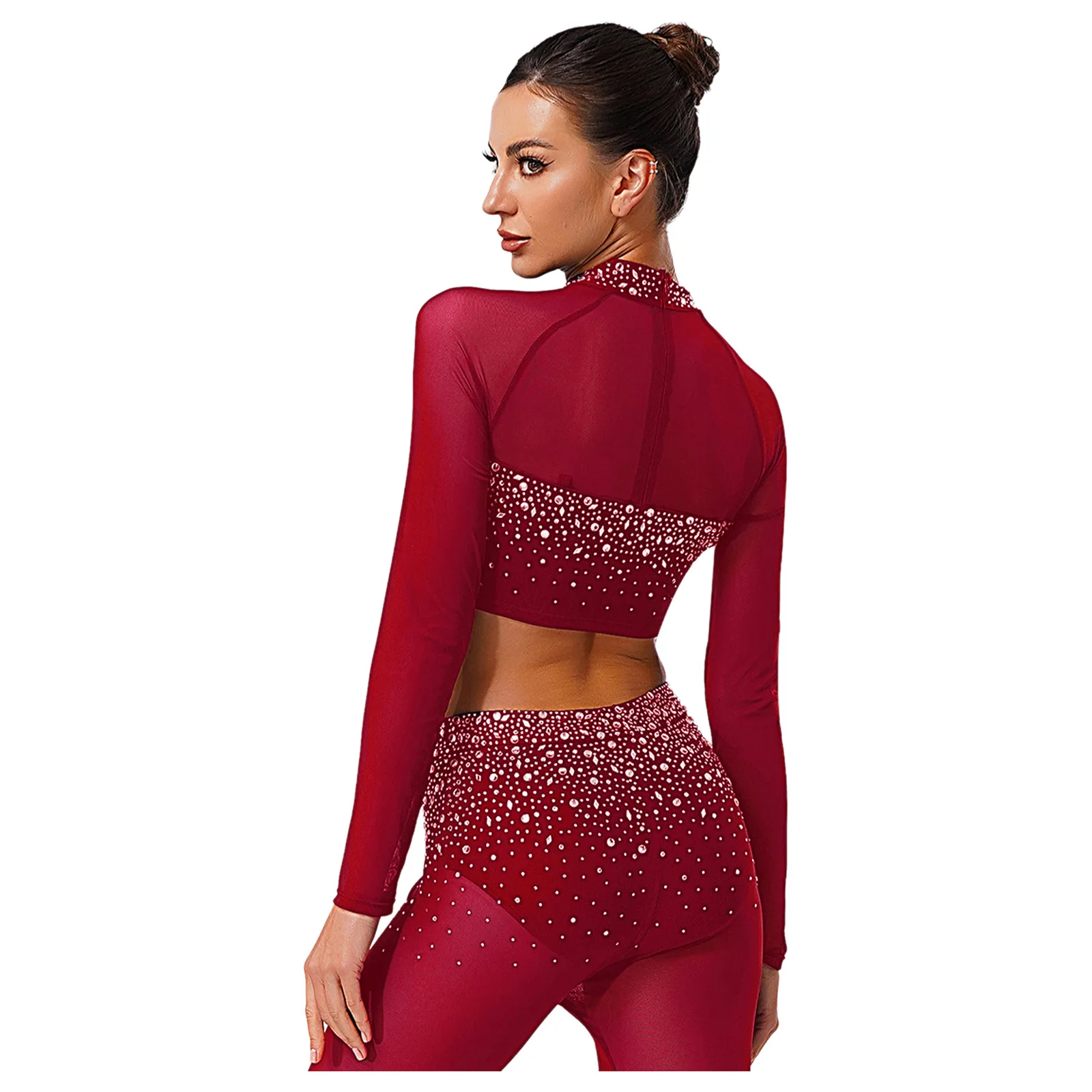 Top corto da danza moderna con strass scintillanti da donna Camicie Top a maniche lunghe patchwork in rete Abbigliamento da ballo per tango latino Rumba Dance