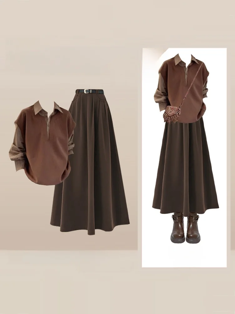 홍콩 슬레 레트로 컬러 블록 니트 탑과 커피 스커트 세트 겨울 신상품 슬림 효과 바디 스커트 세트